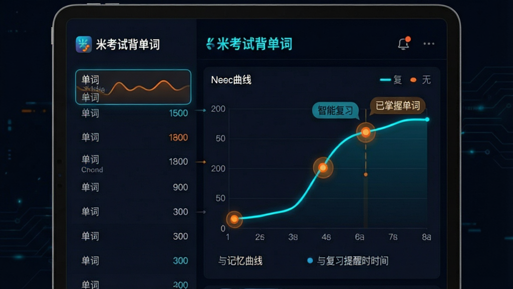 主体:展示米考试背单词App的“记忆曲线”数据图表页面,顶部有“米考试背单词”文字标识;布局:平板电脑横屏展示,左侧为单词列表,右侧为遗忘曲线折线图与复习提醒时间点;排版:图表数据清晰,重点节点用橙色高亮圆圈标出;风格:科技感UI设计,深色背景搭配霓虹蓝与橙色线条;细节:曲线图标注“智能复习”和“已掌握单词”标签;画质:高清,画面干净,无多余元素