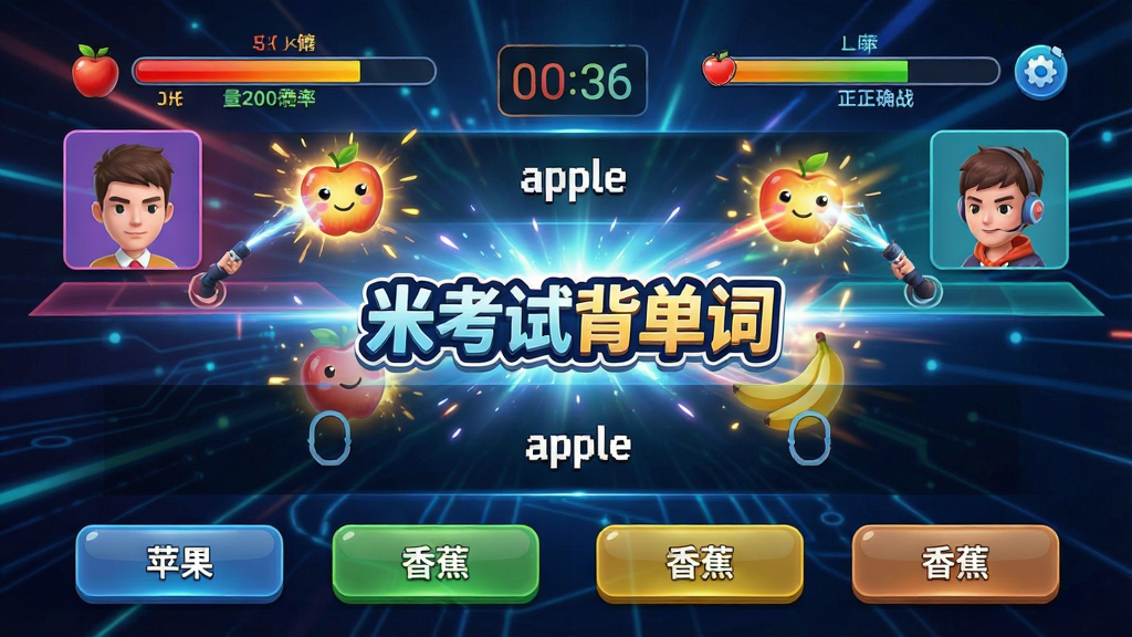 主体:展示米考试背单词App的“单词对战”游戏画面,中间有“米考试背单词”对战Logo;布局:屏幕分为上下两侧,各代表一名玩家,中间是倒计时和单词题目,下方有四个选项按钮;排版:战斗特效华丽,双方血量条随答题正确率变化;风格:游戏UI风格,色彩鲜艳,背景具有科技感光效;细节:题目显示“apple”,选项中有“苹果”、“香蕉”等中文释义;画质:高清渲染,动感十足,干净无多余元素