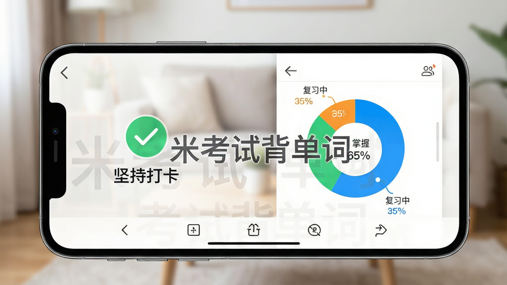 主体:一部智能手机横屏显示米考试背单词App的学习报告页面,屏幕中间有“米考试背单词”水印;布局:手机左侧有绿色对勾图标和“坚持打卡”字样,右侧展示饼状图统计;排版:手机底部有虚拟按键,背景为模糊的客厅环境;风格:写实摄影风格,光线柔和;细节:饼状图显示“已掌握 65%”,“复习中 35%”;画质:超清,对焦准确,干净不杂乱