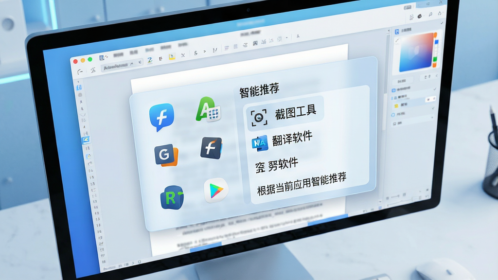 电脑屏幕前,一个半透明的快捷面板悬浮在正在编辑的文档窗口上方,面板左侧是几个常用软件图标,右侧是智能推荐区域,上面用中文标签标注着“截图工具”、“翻译软件”等名称,并以小字显示“根据当前应用智能推荐”。布局为屏幕全景俯视角度,风格写实且带有科技感,浅蓝与白色调,细节清晰,画质干净。