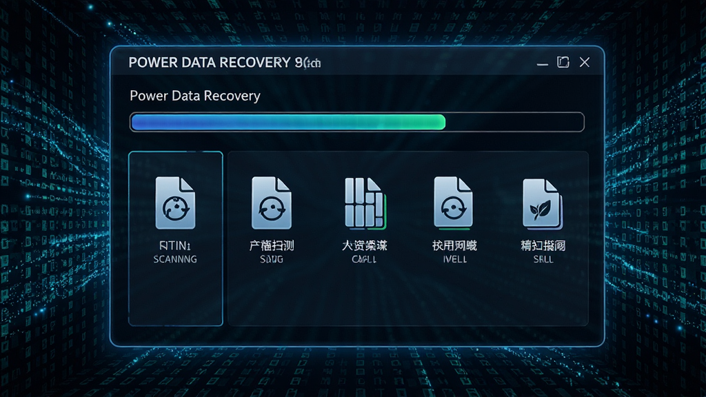 Power Data Recovery深度扫描过程动态效果图,界面显示进度条与正在扫描的文件类型图标,背景有数据矩阵流动,风格科技感强,细节清晰,画质干净