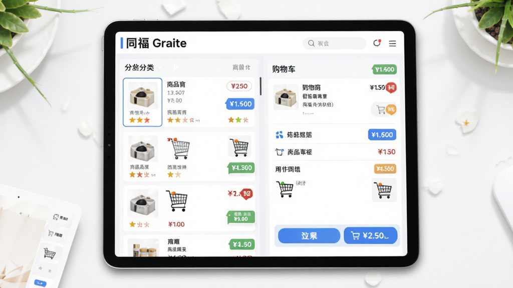 同福云商智能订货功能展示图,主体是平铺的平板电脑显示商品分类与购物车界面,布局采用左右分栏式设计,左侧商品列表右侧购物车详情,风格清新简约,细节突出加入购物车按钮与价格标签,整体色调明快,画质清晰干净