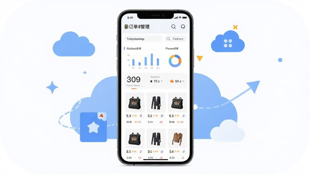 同福云商APP界面预览图,主体是智能手机展示商品列表与订单管理界面,布局以手机屏幕为中心,周围有简约的云朵和商务元素点缀,排版清晰直观,风格现代商务且扁平化,细节包含界面上的数据图表与商品缩略图,画质高清干净,无多余元素