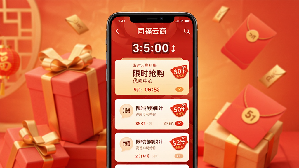 同福云商优惠活动页面预览,主体是手机竖屏展示优惠券领取中心界面,背景有礼盒和红包元素,布局采用卡片式堆叠排版,风格喜庆且现代,细节包含限时抢购倒计时和折扣标签,色彩以红色金色为主,画质细腻干净