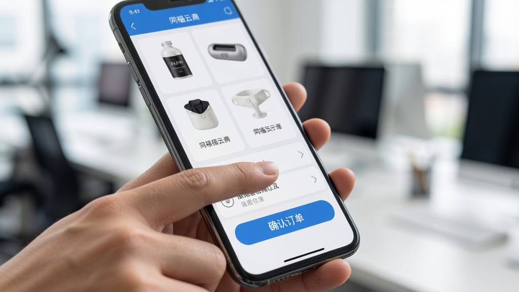 同福云商手机端操作使用场景图,主体是一只手拿着手机点击APP界面,布局为特写镜头突出屏幕内容,背景虚化的办公环境,风格写实且专业,细节展示手指点击商品确认订单按钮,画质清晰对焦准确,干净无多余杂物