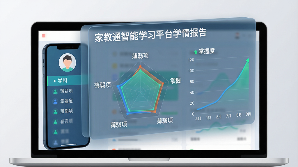 画面展示一个半透明的立体数据报告悬浮在手机与电脑屏幕之上,报告顶部标题为“家教通智能学习平台学情报告”,主体为五边形能力雷达图与一条上升的成绩曲线。布局采用左右分栏,左侧为头像与学科列表,右侧为图表细节,背景为干净的浅灰色渐变。扁平设计风格,蓝绿色系,图表线条清晰,标注“薄弱项”与“掌握度”,画质干净,无多余元素。