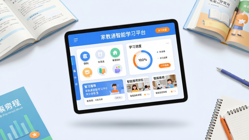 画面主体为一台平板电脑悬浮于书桌上方,屏幕中显示“家教通智能学习平台”主界面,界面包含学科选择图标、学习进度环状图与智能推荐课程卡片。布局采用中央构图,平板下方有柔和投影,周围散落几本教材与文具。整体风格为扁平化结合轻微拟真,色彩明快以蓝白为主,细节处点缀橙色高亮按钮。画质高清,画面干净,无多余元素。