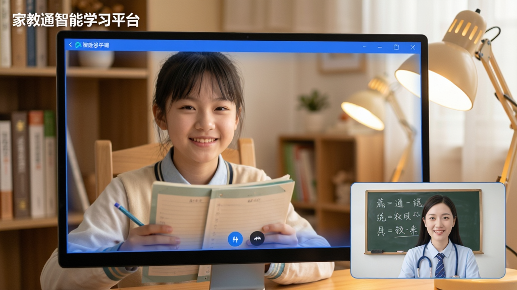 场景为温馨的书房一角,镜头前是学生与屏幕中的老师进行视频通话,屏幕边缘有“家教通智能学习平台”的水印。学生手中拿着作业本,面带微笑,老师界面显示板书与解题步骤。布局采用画中画风格,主画面为学生,右下角悬浮老师画面。整体风格写实明亮,暖色调灯光,细节体现屏幕防蓝光模式,画质清晰,无多余元素。
