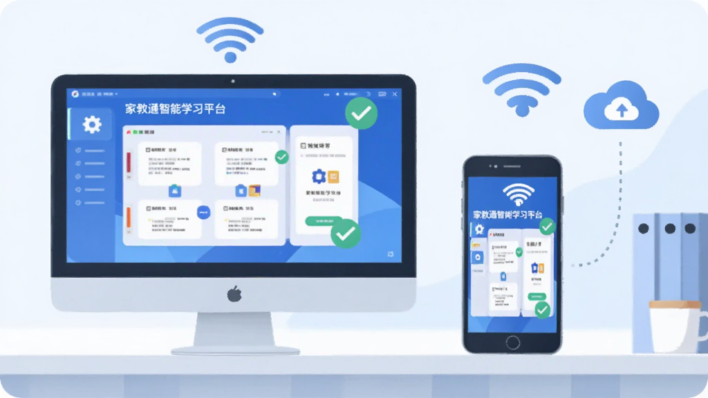 电脑与手机并排摆放,屏幕上都显示家教通智能学习平台的学习界面,旁边有无线网络信号图标与云备份图标。布局为双设备对称构图,背景为简洁的工作台,风格为科技感扁平插画,蓝色主色调,细节包括齿轮设置图标与对勾提示。画质干净,无多余元素。