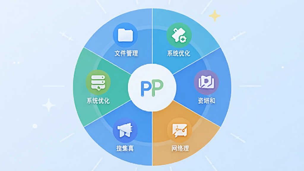 չʾ�ջ�PP�����Ĺ��ܼ��ɽ��棬����������һ��Բ�ι������̣������Ͼ��ȷֲ����ļ�������ϵͳ�Ż������繤�ߵ�ͼ�꣬ÿ��ͼ���·������ı�ǩ������Ϊ����ɫ���䣬�����������죬���ʸɾ��޶���Ԫ��