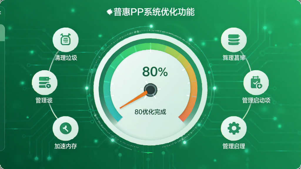 չʾ�ջ�PPϵͳ�Ż����ܵĽ��棬��������һ��Բ���Ǳ��̣�ָ��ָ��80%�Ż���ɡ�����Χ���������������������ڴ桢�����������Сͼ�꣬����Ϊ��ɫ�Ƽ��н��䣬���ʸɾ��������޶���Ԫ��