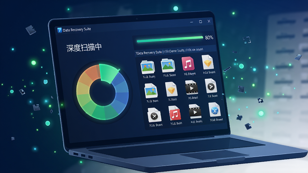 主体:一台笔记本电脑屏幕上显示7Data Recovery Suite正在执行深度扫描,界面中出现彩色扇形扫描动画和大量文件缩略图。布局:笔记本斜放,屏幕内容清晰可见,扫描进度条已到80%,周围有散落的光点表示数据碎片。排版:屏幕中显示“深度扫描中”标题和文件路径列表。风格:科技感插画风格,深蓝色主调,点缀绿色荧光。细节:文件缩略图包含图片、音乐、视频图标,画质:高分辨率,干净无杂物。
