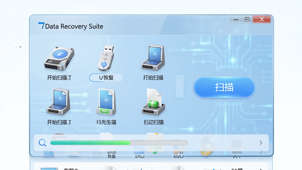 主体:7Data Recovery Suite软件界面展示,一个简洁现代的桌面程序窗口,主界面显示硬盘、U盘等多个存储设备图标,旁边有醒目的“扫描”按钮,窗口背景为淡蓝色科技感。布局:居中构图,软件窗口占画面主体,周围留白,下方有进度条和文件列表。排版:界面元素排列整齐,图标清晰,标签文字为“7Data Recovery Suite”和“开始扫描”。风格:写实3D渲染风格,光线柔和,色彩明亮。细节:窗口边框有玻璃质感,文件列表显示恢复的文件类型图标,画质:高清,干净,无多余元素。