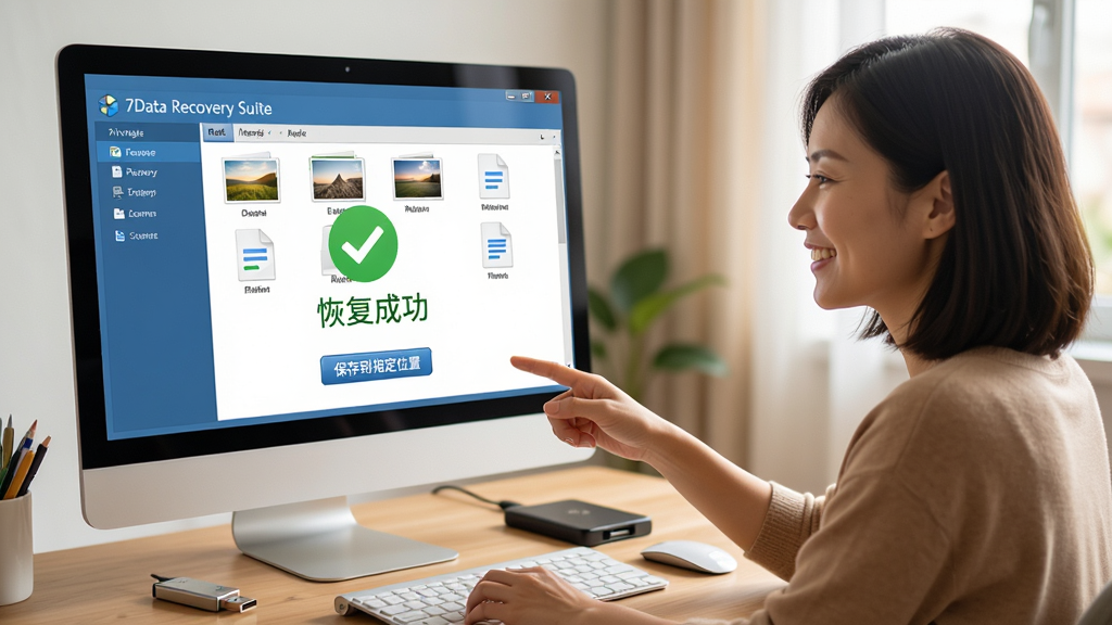 主体:一个用户正在电脑前使用7Data Recovery Suite恢复文件,屏幕上显示恢复完成,文件列表中有多个照片和文档图标,用户露出满意的微笑。布局:人物位于画面右侧,电脑屏幕位于左侧,屏幕上有绿色对勾“恢复成功”字样。排版:屏幕下方有“保存到指定位置”按钮,人物手指向屏幕。风格:温馨写实风格,室内光线自然。细节:桌上摆放U盘和移动硬盘,画质:4K高清,干净无杂物。
