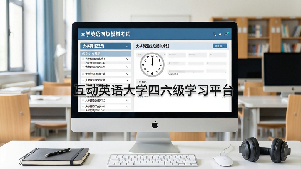 一幅展示互动英语大学四六级学习平台模考界面的图片,电脑屏幕上显示“大学英语四级模拟考试”计时答题页面,左侧是题目列表,右侧为答题区域,屏幕中央有“互动英语大学四六级学习平台”水印,桌面摆放笔记本和耳机,背景为简洁的大学自习室,色调明亮,画质干净清晰,无多余元素
