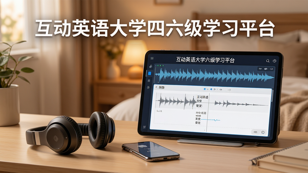 展示互动英语大学四六级学习平台听力精听界面的宣传图,界面中显示音频波形与字幕区,耳机与手机摆放在浅色桌面上,屏幕中清晰显示“互动英语大学四六级学习平台”名称,背景为温馨的卧室一角,光线柔和,画质细腻,无多余元素