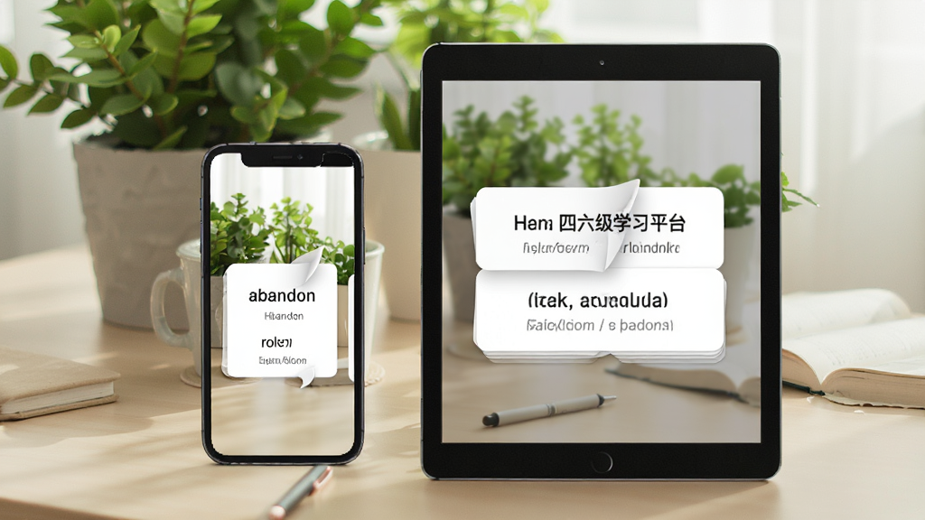 一张展示互动英语大学四六级学习平台单词学习功能的界面设计图,手机与平板并列摆放,屏幕中显示单词卡片翻转动画,卡片上有“abandon”等单词及释义,背景为带有绿色植物的书桌,整体色调清新自然,画质干净,无多余元素