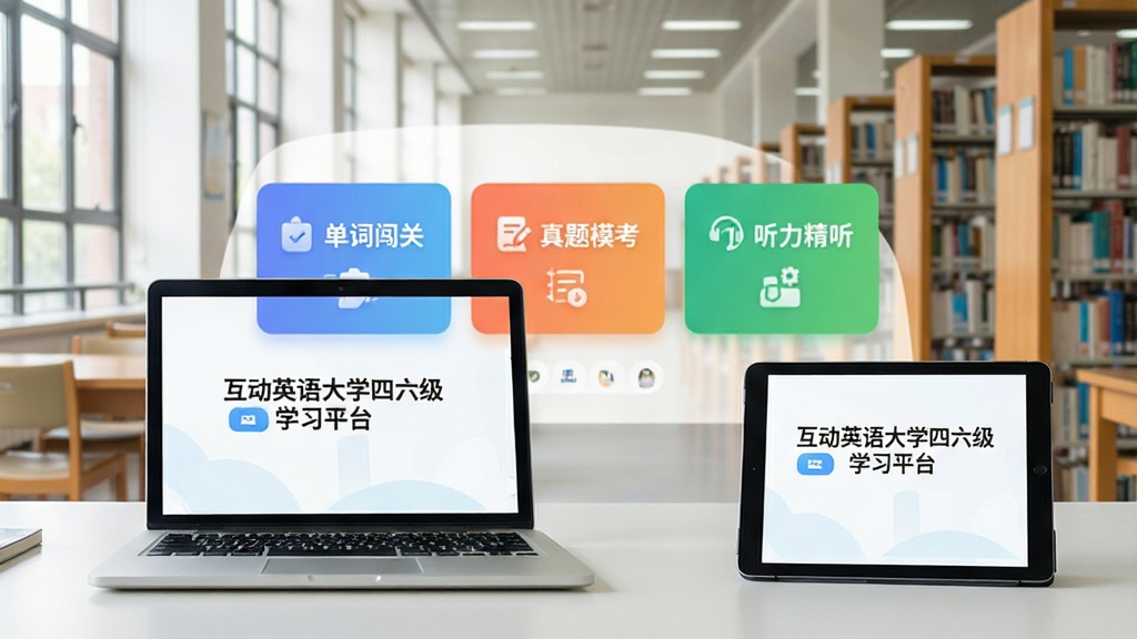 一张展示互动英语大学四六级学习平台主界面的高清截图,界面包含“单词闯关”、“真题模考”、“听力精听”等彩色功能卡片,背景为明亮的校园图书馆场景,桌面摆有笔记本电脑和平板,屏幕中清晰显示“互动英语大学四六级学习平台”字样,整体风格现代清新,细节丰富,画质干净无多余元素