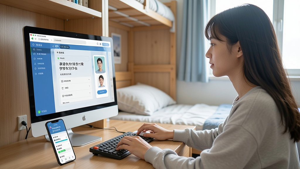 一张展示用户正在使用互动英语大学四六级学习平台进行学习的场景图,画面中一位大学生坐在书桌前,电脑屏幕上显示软件的学习界面,旁边摆放手机显示相同的学习进度,背景为整洁的宿舍,风格写实自然,光线充足,画质干净清晰,无多余元素