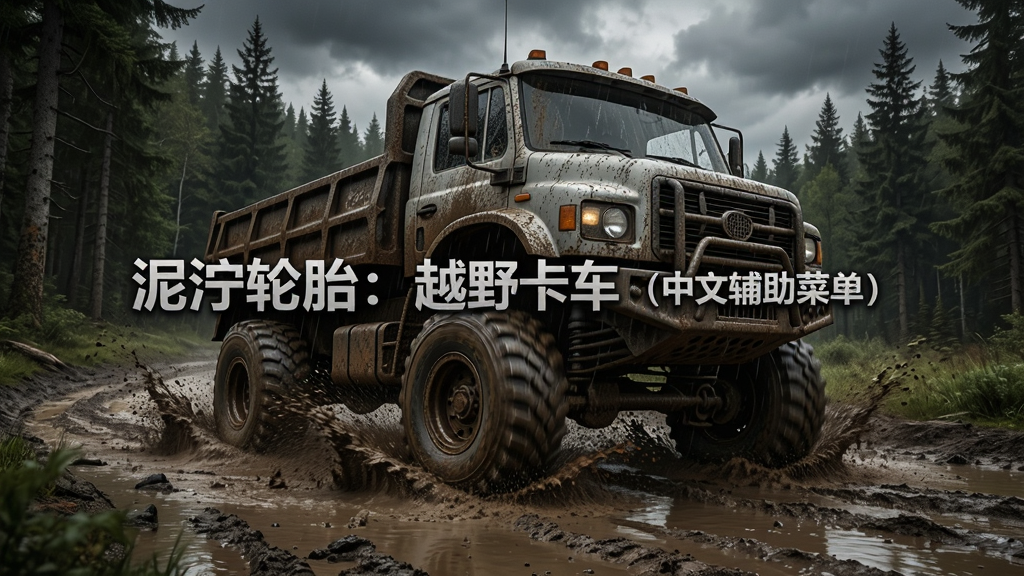游戏主视觉图,一辆重型越野卡车在泥泞的森林小路上行驶,车轮碾过浑浊的水坑,泥浆飞溅,车身沾满泥土,背景是茂密的树林和阴沉的天空,整体风格写实,光影逼真,细节丰富,画质高清,干净无多余元素,画面中央显示游戏名称“泥泞轮胎:越野卡车(中文辅助菜单)”