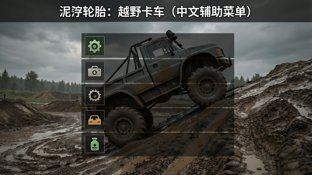 游戏任务界面,屏幕中央显示任务列表,背景是泥泞的越野场地,一辆卡车正在爬坡,界面简洁,任务图标清晰,色调沉稳,画质高清,干净无多余元素,界面顶部显示“泥泞轮胎:越野卡车(中文辅助菜单)”