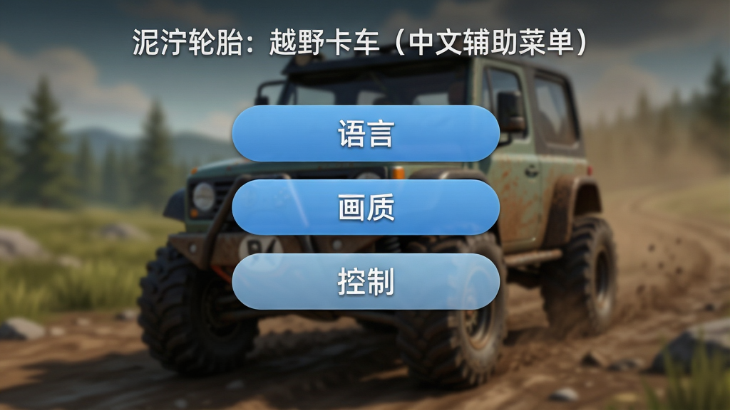 游戏设置界面,显示中文菜单选项,包括“语言”、“画质”、“控制”,背景是模糊的越野场景,界面清晰,按钮圆润,整体风格简洁,画质干净,无多余元素,居中显示“泥泞轮胎:越野卡车(中文辅助菜单)”