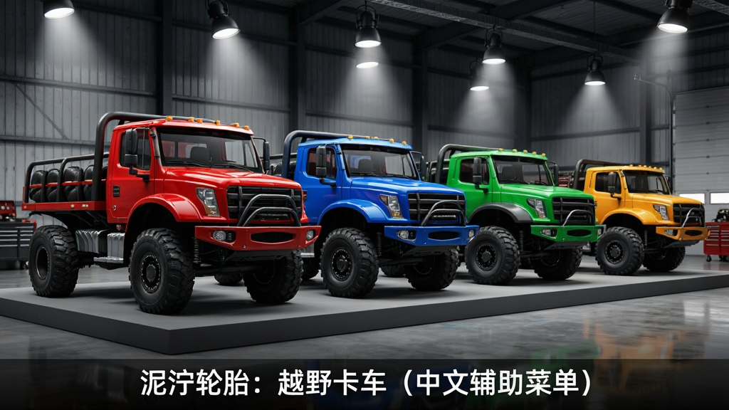 卡车展示界面,多款不同型号的越野卡车并排停放在展示台上,车身颜色各异,有红色、蓝色、绿色等,背景是工业风的车库,灯光聚焦,细节丰富,画质高清,干净无多余元素,画面下方标注“泥泞轮胎:越野卡车(中文辅助菜单)”