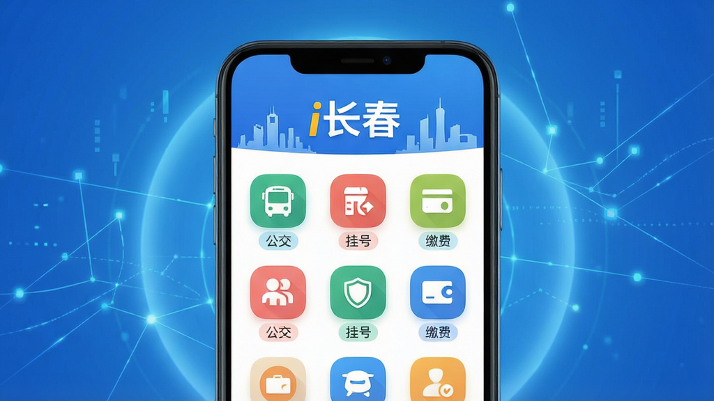 主体:手机屏幕展示i长春应用主界面,界面顶部有“i长春”字样和城市剪影,下方功能图标排列整齐;布局:中心构图,界面清晰,周围有淡淡的蓝色光晕和数字连接线,象征智慧城市;排版:界面元素错落有致,图标圆润;风格:现代扁平化,明亮简洁;细节:每个图标都有小标签,如“公交”、“挂号”、“缴费”,画质:高清,干净,无多余元素