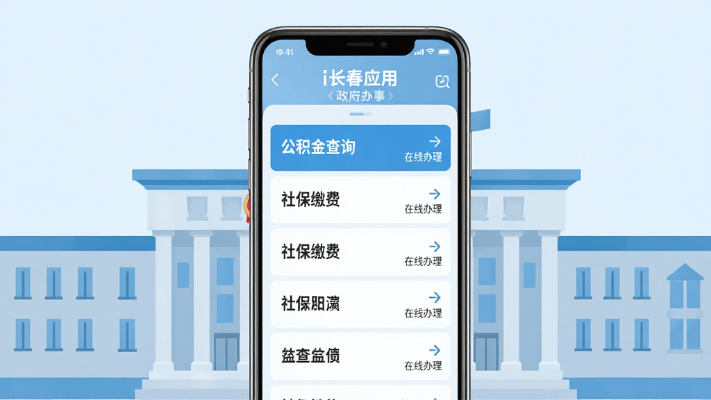 主体:一部手机展示i长春应用的政务办事界面,屏幕内显示“公积金查询”、“社保缴费”等列表,背景是简洁的政府大楼矢量图;布局:手机居中,功能列表从上到下排列,重点条目高亮;排版:信息层次分明,标题突出;风格:正式稳重,浅蓝色调为主;细节:每个列表项右侧有箭头图标和“在线办理”小字,画质:高清明亮,无多余元素