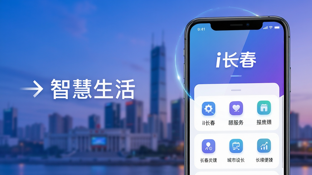 主体:一部手机正在运行i长春应用,屏幕显示城市服务主界面,背景是模糊的长春城市天际线,上方有“i长春”文字;布局:手机位于画面右侧,左侧留白区域有箭头和“智慧生活”字样;排版:文字简洁,界面图标清晰;风格:现代科技感,蓝紫色渐变;细节:屏幕反射微光,象征高效便捷,画质:高清,干净,无多余元素