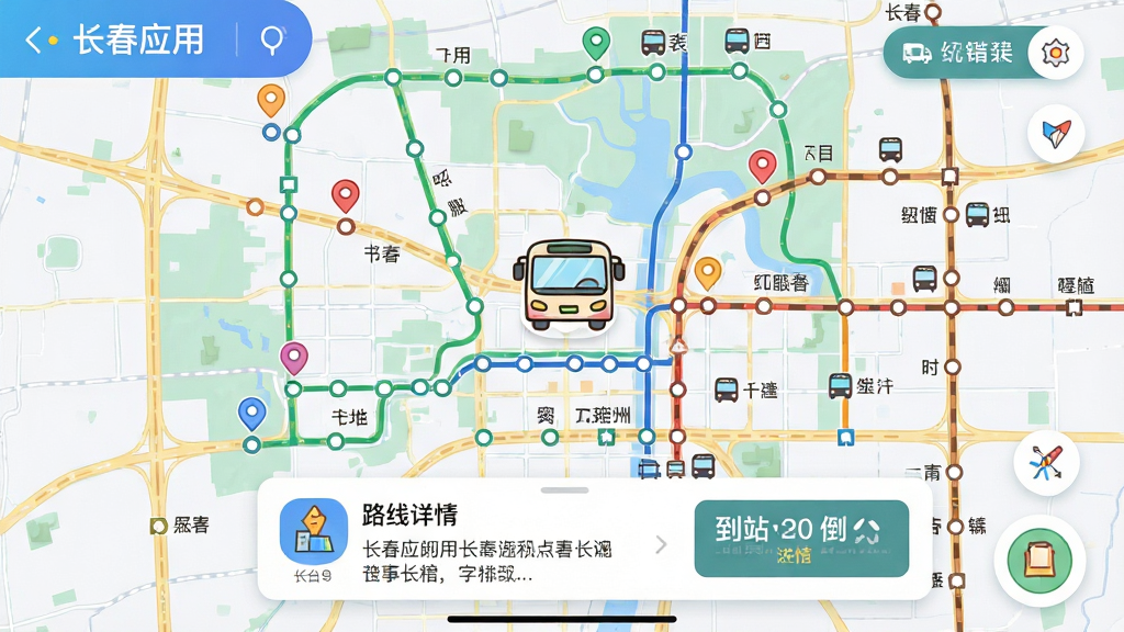 主体:i长春应用内的交通出行界面,显示长春市地图,公交线路和地铁线路用不同颜色标注,还有一辆卡通公交车图标;布局:地图充满屏幕,底部有路线详情卡片;排版:地图清晰,功能按钮悬浮显示;风格:清新活泼,色彩明快;细节:公交站和地铁站有定位小点,卡片上有到站时间倒计时,画质:高清,干净,无多余元素