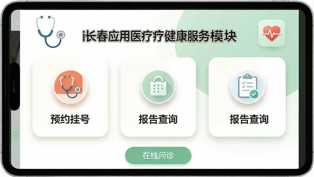 主体:i长春应用医疗健康服务模块界面,背景是白色和浅绿色,有听诊器、心跳线图标,屏幕中显示“预约挂号”、“报告查询”功能;布局:卡片式排列,图标上方配有柔和阴影;排版:简洁明了,功能名称醒目;风格:温馨医疗风;细节:底部有“在线问诊”按钮,画质:高清,干净,无多余元素