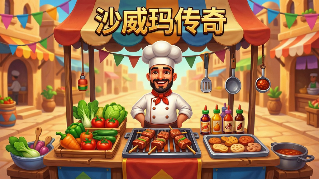 画面主体为游戏主界面场景,一位笑容满面的厨师角色站在装饰着彩旗的街头小吃摊后,摊位上摆满了新鲜蔬菜、烤肉架和酱料瓶,背景是暖色调的异域风情街道。布局以摊位为中心,左右对称展示各类食材与厨具,画面层次分明。排版采用游戏UI风格,顶部有金色的游戏标题“沙威玛传奇”艺术字。整体风格为明亮卡通渲染,细节丰富,色彩鲜艳,画质高清干净,无多余元素。