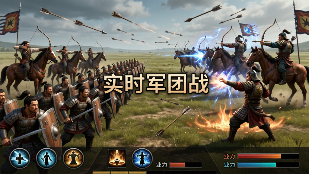 展示“猛将勇士”军团对战场景,画面中两方军队在开阔的平原上交战,前排是持盾步兵,后排是弓箭手和骑兵,空中箭矢飞射,武将施放技能特效,战斗界面下方有技能按钮和兵力条,风格写实,色彩浓烈,文字“实时军团战”在画面中央,画质高清