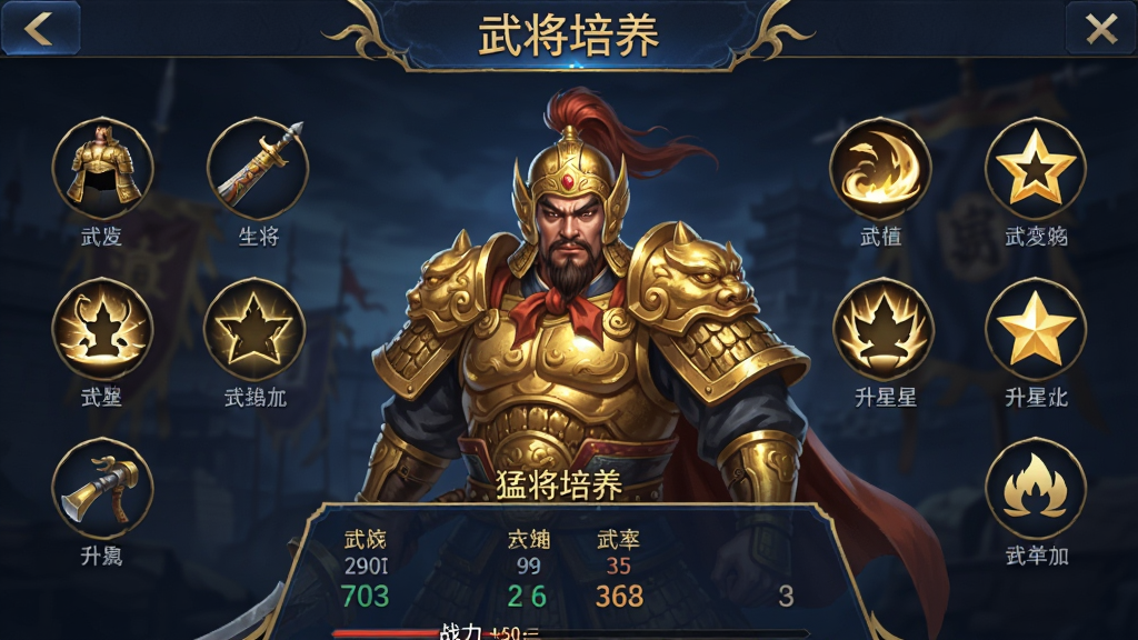 展示“猛将勇士”武将养成界面,画面中央是一名身穿金色铠甲的三国武将,周围环绕着装备、技能、升星等养成图标,武将下方显示其属性数值和战力,UI采用深蓝与金色搭配,风格精致,文字标注“武将培养”,画质清晰,排版整洁