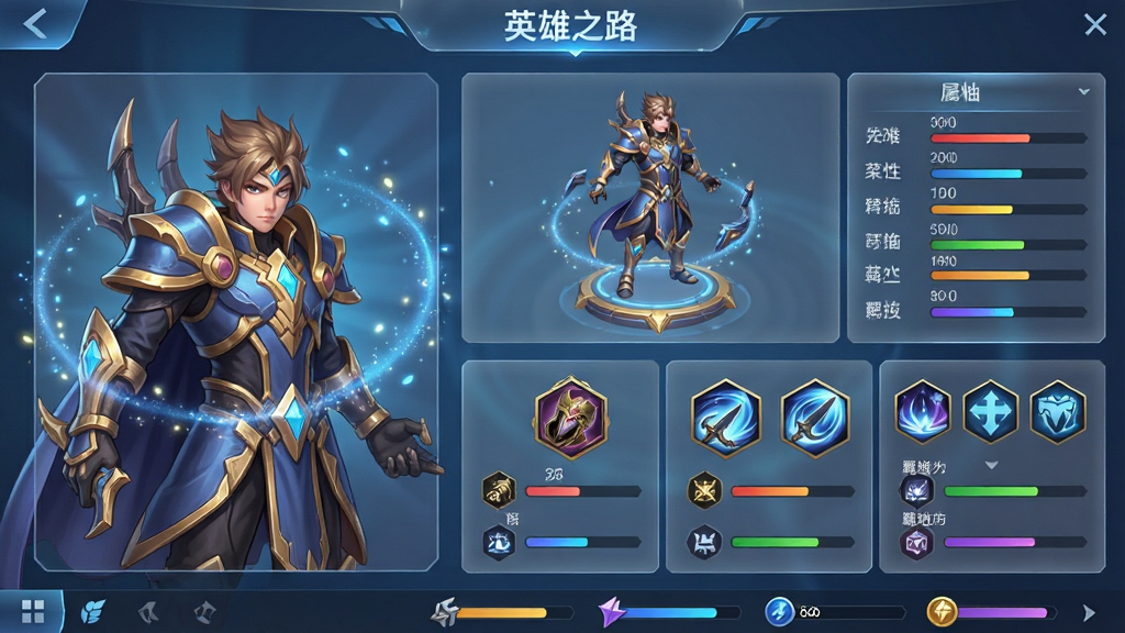 主体:游戏界面展示英雄列表,左侧为立绘大图,右侧为属性面板与技能图标。布局:上下分层,上方是英雄3D模型旋转展示,下方三列排布装备、技能、羁绊按钮。排版:界面简洁清晰,顶部有“英雄之路”字样,底部为资源栏。风格:UI采用半透明毛玻璃效果,蓝金配色,科幻与奇幻结合。细节:英雄模型周围有粒子光效,技能图标呈六边形,属性条用彩色进度条表示。画质:2D渲染,高精度,干净无多余元素。