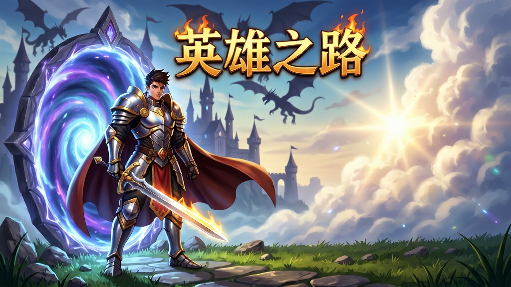 主体:一位身穿铠甲、手持发光长剑的英雄站在魔法传送门前,身后是奇幻城堡与飞龙剪影。布局:英雄居中偏左,右侧留出大片云彩与光芒,底部是草地与碎石路。排版:画面中央上方浮空显示金色艺术字“英雄之路”,字体带有火焰边缘效果。风格:日系幻想插画,色彩浓郁,光影对比强烈。细节:盔甲反光、披风飘动、地面有细小碎石与草叶,传送门内透出蓝紫色漩涡。画质:8K超清,细节丰富,干净无多余元素。