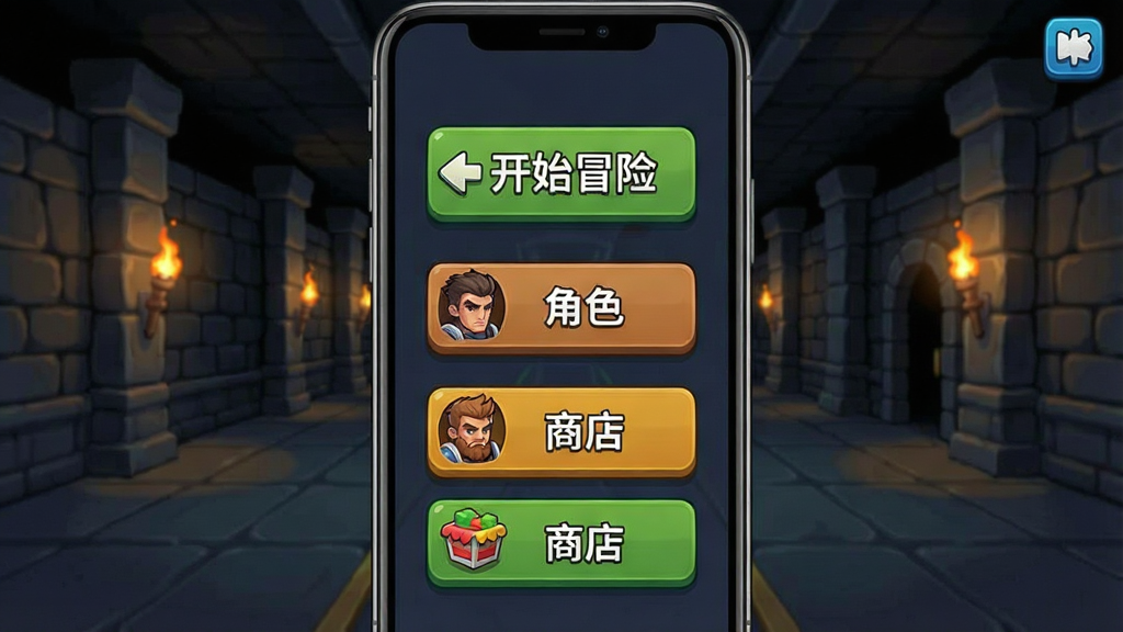 一张手机竖屏游戏截图,主体显示游戏主界面菜单,背景是地牢大厅,有“开始冒险”、“角色”、“商店”等按钮,布局为上下结构,风格为卡通UI设计,细节包含按钮图标和角色立绘,画质干净,无多余元素。