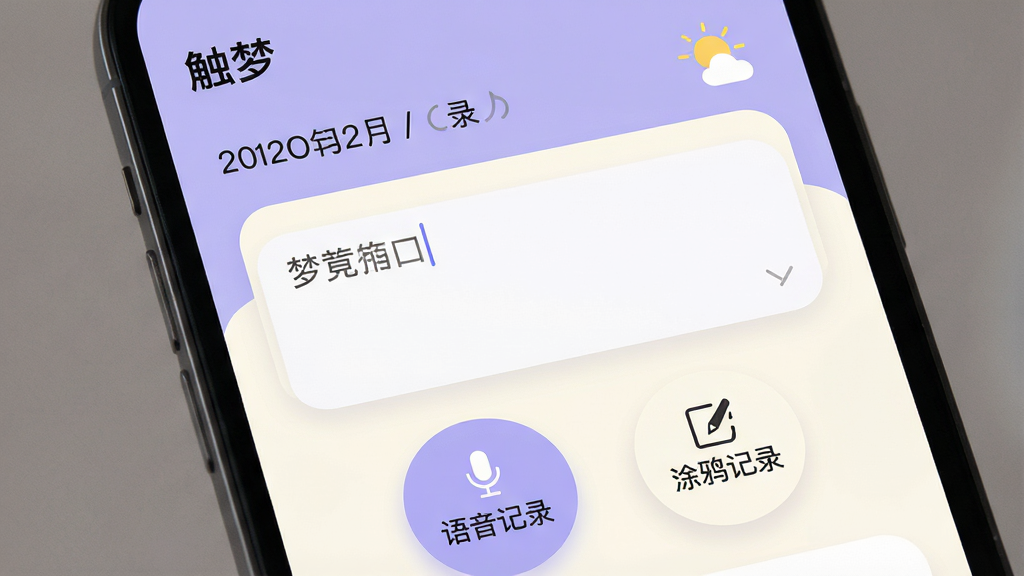 手机应用界面特写,展示“触梦”的梦境记录页面。主体是界面截图样式的设计图,布局以上下结构呈现,上方是日期和天气图标,中间是大的文字输入框,下方是“语音记录”和“涂鸦记录”两个圆形按钮。风格为现代简约的UI设计,细节包括柔和的圆角卡片、淡紫色和米白色的背景,界面文字清晰可辨,画质高清,干净无多余元素,图片中应用名称为“触梦”。