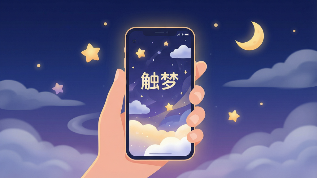 一幅温暖柔和的插画风格图片,主体是一只手握着发光的手机,屏幕中显示着“触梦”应用界面,界面上有星空和云朵的梦境元素。布局采用居中构图,手机位于视觉焦点,周围漂浮着星星、月亮和轻柔的雾气。排版简洁,画面干净,前景是手机,背景是渐变的深蓝色夜空。风格是治愈系扁平插画,细节丰富,色彩以深蓝、紫色和暖黄色为主,画质清晰柔和,干净无多余元素,图片中文字为“触梦”。