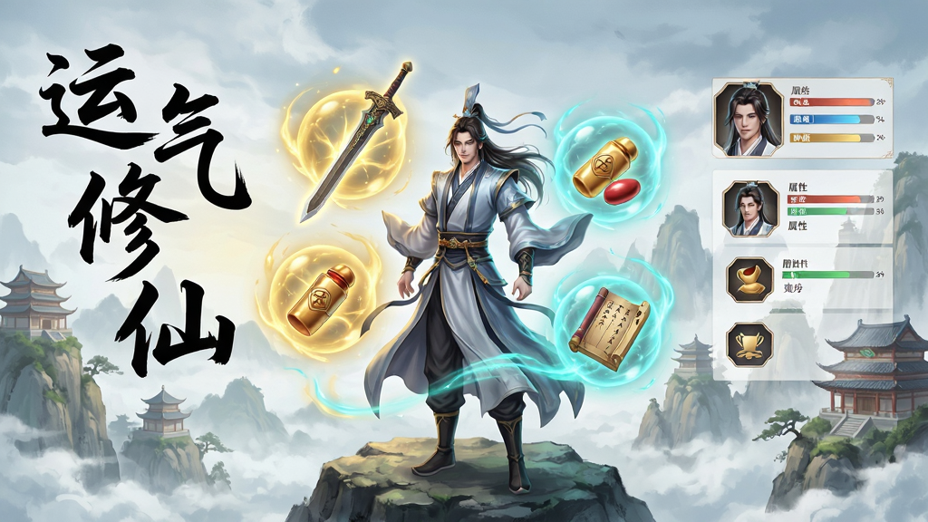 一幅充满仙侠气息的竖版游戏宣传图,主体是主角修士站在云雾缭绕的山巅,身旁环绕着金色与青色的气运光团,光团中隐约可见古剑、丹药、秘籍等宝物虚影。布局以人物为中心,左侧悬浮着“运气修仙”四个书法大字,右侧展示角色属性面板图标。排版采用游戏宣传海报样式,人物居中偏左,标题置于左上角。风格为高清国风水墨结合现代厚涂渲染,细节包括飘动的衣袂、流转的灵光、远处层叠的仙山楼阁。画质精细,色彩鲜明,干净无多余元素。