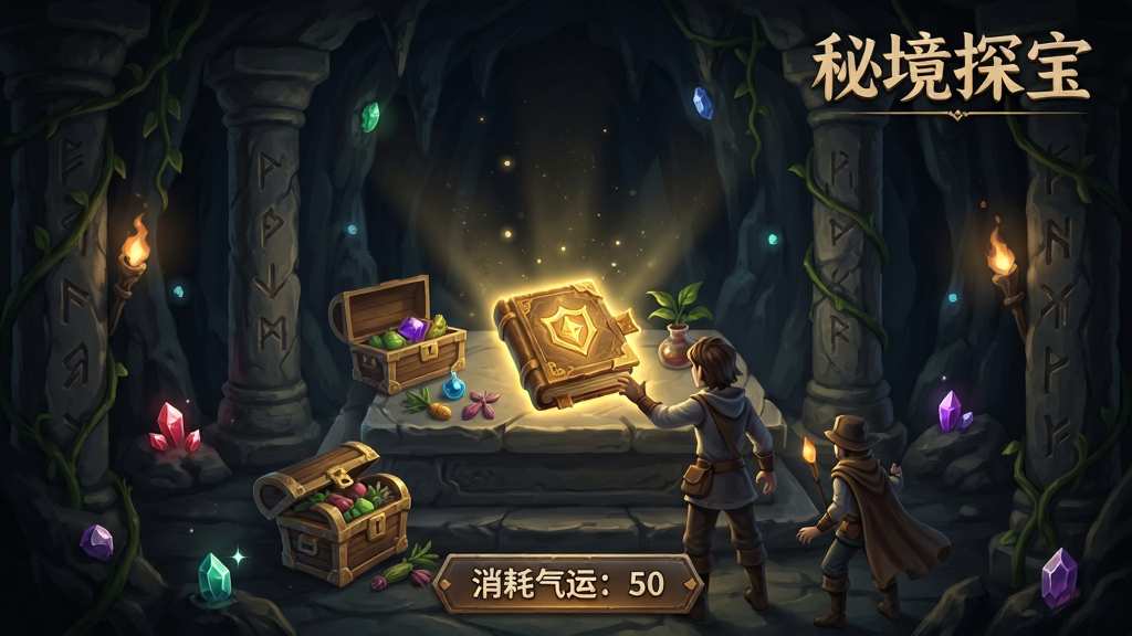 一幅秘境寻宝场景图,主体是幽深的山洞内部,中央石台上放着一本散发金光的古籍,周围有宝箱和草药。角色站在石台前,正要伸手取宝。布局以石台为中心,四周有微弱的光源,洞壁刻有古老符文。排版中,右上角有“秘境探宝”四个字,底部显示“消耗气运:50”的按钮。风格为暗调神秘探险风,细节包括飘浮的尘埃、闪烁的宝石、藤蔓缠绕的石柱。画质细腻深邃,干净无多余元素。
