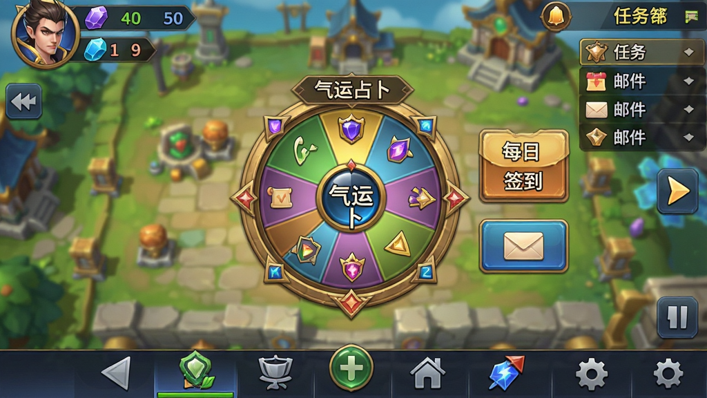 一张手机竖屏游戏界面截图,主体为游戏主城界面,中央有一个“气运占卜”的轮盘,轮盘旁有“每日签到”和“邮件”按钮。界面底部导航栏清晰可见。布局为典型手游UI,顶部显示角色头像和灵石数量,右侧有任务列表。排版整洁,颜色鲜亮。风格为高清游戏实拍截图,细节包括各种图标的光影效果。画质清晰,干净无多余元素。