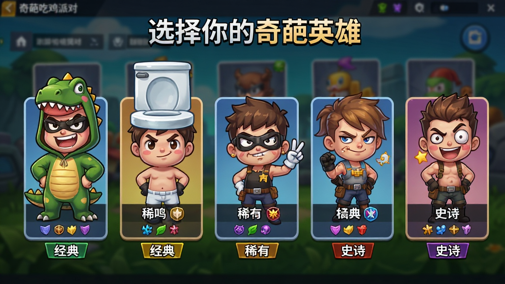 主体:一排造型搞怪的“奇葩吃鸡派对”游戏角色立绘展示,包括穿着恐龙服的角色、顶着马桶盖的角色等,每个角色旁边有名字标签和属性小图标。布局:横向排列,角色居中展示,背景为游戏内选角界面的模糊效果。排版:选角界面风格,角色卡片式排列,上方有“选择你的奇葩英雄”字样。风格:Q版卡通,色彩鲜艳,细节丰富。细节:每个角色表情动作各异,有的叉腰,有的比耶,有的做鬼脸,角色下方有“经典”、“稀有”、“史诗”等品质标签。画质:高清2D立绘,干净无多余元素。