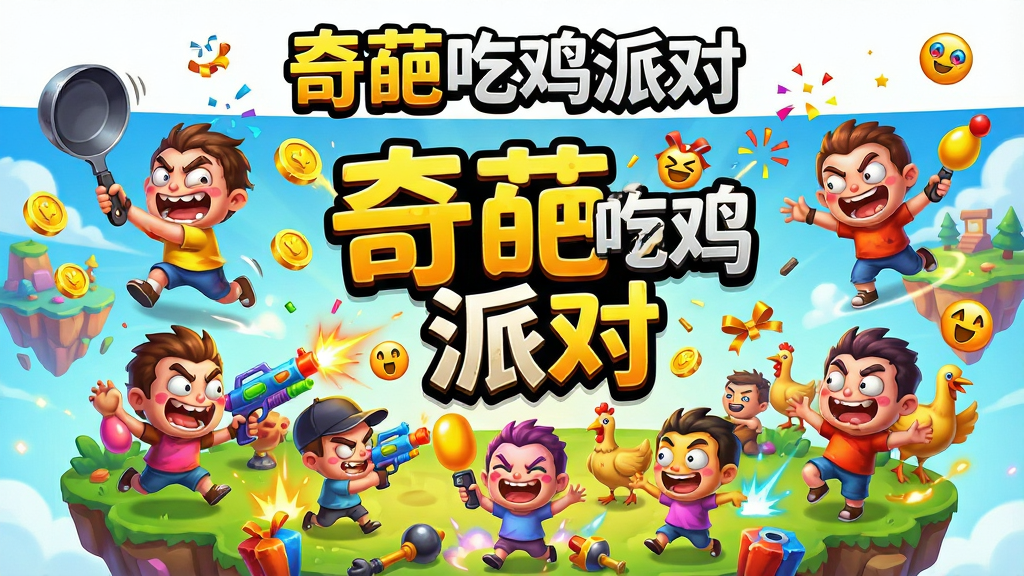 主体:一群造型奇特、色彩鲜艳的卡通小人角色,手持各种搞笑武器(如平底锅、水枪、橡胶鸡),在色彩斑斓的浮空岛屿地图上欢乐混战,画面中央有醒目的游戏标题“奇葩吃鸡派对”,周围有金币、礼花、表情符号等点缀。布局:主视觉居中,角色环绕,上方留白处放置游戏名称,下方展示欢乐场景。排版:游戏海报风格,标题使用夸张的卡通字体,突出“奇葩”与“派对”的欢快氛围。风格:Q版卡通、明亮活泼、幽默搞怪。细节:角色表情夸张滑稽,有的在奔跑,有的在攻击,有的在跳舞,地面上有道具和特效光效。画质:高清细腻,色彩饱和度高,干净无多余元素。