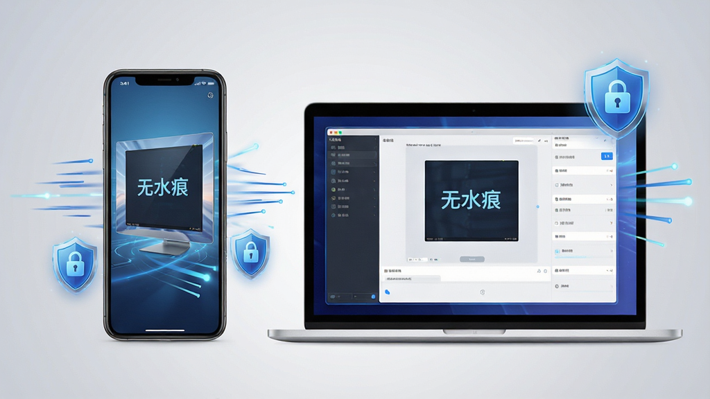 一张展示无痕去水印在手机与电脑上同步操作的场景图,左侧为智能手机屏幕,右侧为笔记本电脑屏幕,两块屏幕均显示软件处理界面,周围有象征数据安全的盾牌图标和速度感的线条装饰,背景为浅灰色渐变,整体风格科技感强,画面干净整洁,画质高清,细节表现丰富。