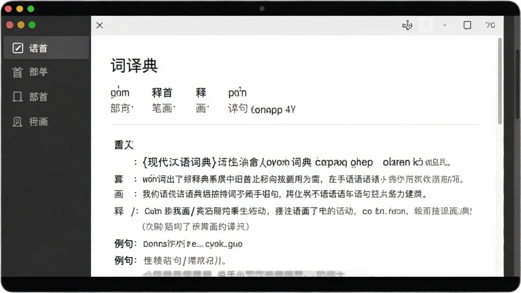 现代汉语词典软件显示词语详细释义页面,主体为词语条目详情,包含拼音、部首、笔画、释义与例句,布局清晰,排版规整,风格简约,细节丰富,画质干净