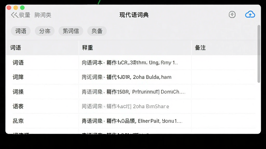 现代汉语词典软件生词本功能界面,主体为列表状生词本,包含词语、释义与备注字段,布局清晰,风格简洁,细节展示标签分类与云同步图标,画质干净