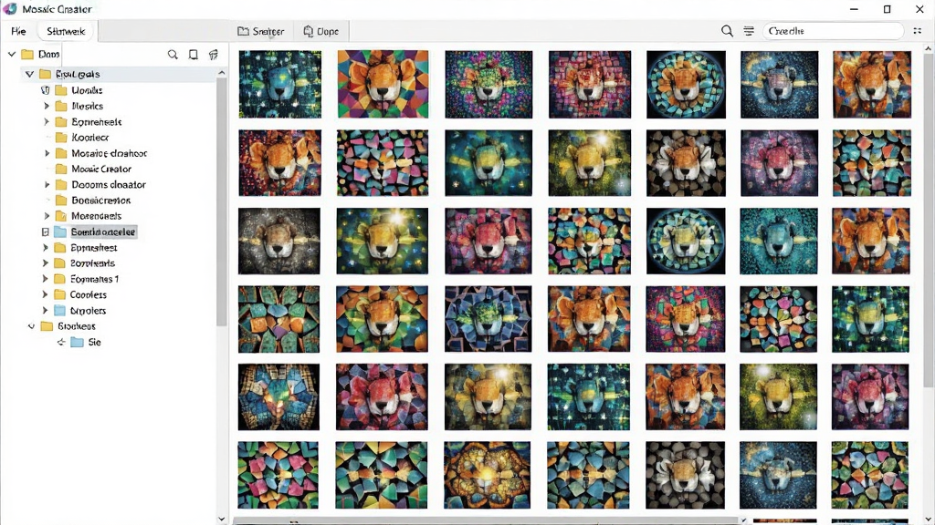 Mosaic Creator软件的素材库管理界面,左侧为树状文件夹分类,右侧以缩略图墙形式展示了大量色彩斑斓的素材图片,图片排列整齐,界面风格现代,画质干净,无多余文字