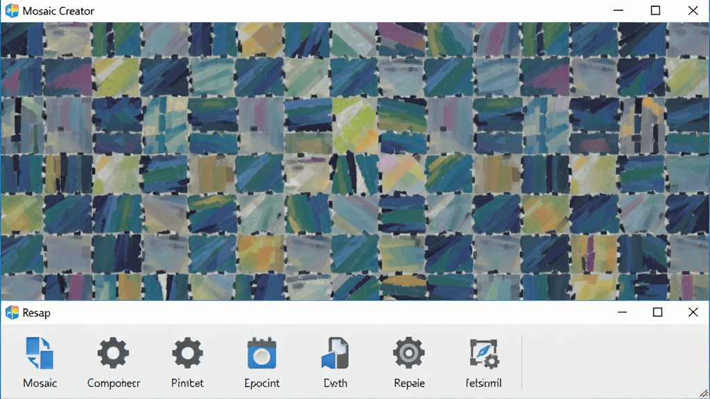 Mosaic Creator软件运行在Windows电脑上的截图,背景是软件生成的马赛克拼图作品,前景是软件的工具栏图标,整体画面展示了软件的专业性与稳定性,画质干净,无多余元素